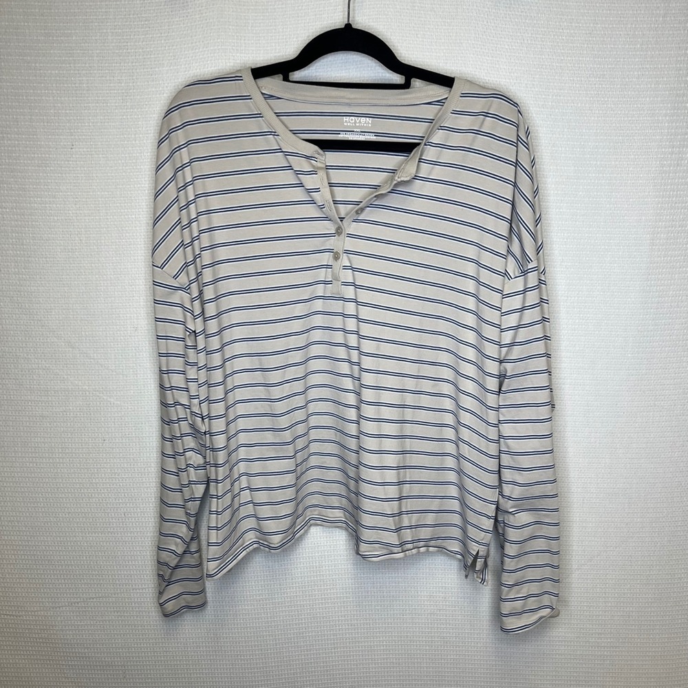 Haven Well Within Striped Henley Top XXL Beige Blue Organic Cotton Long Sleeve - Picture 2 of 6
